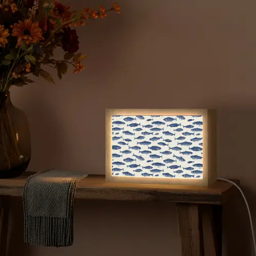 Vissen - Patroon - Blauw - Wit Light Box met kabel (Tafellamp) klein 924 -sfeer4