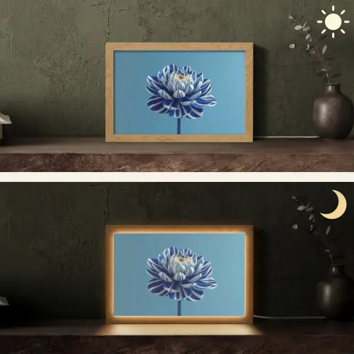 Bloem - Blauw - Bloemblaadjes - Streepjes Light Box met kabel (Tafellamp) klein -sfeer3