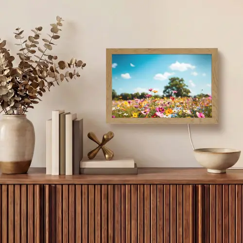 Bloemenweide - Blauw - Lucht - Kleuren Light Box met kabel (Tafellamp) klein -sfeer2