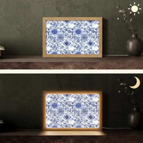 Bloemen - Blauw - Patroon - Wit Light Box met kabel (Tafellamp) klein 924 -sfeer3