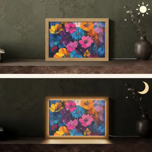 Bloemen - Kleurrijk - Abstract - Modern Light Box met kabel (Tafellamp) klein -sfeer3