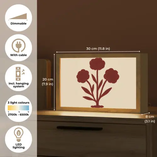 Bloemen - Bladeren - Rood - Minimalistisch Light Box met kabel (Tafellamp) klein -USP_EN