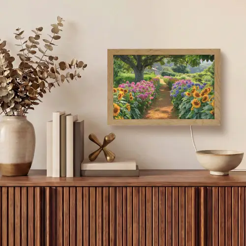 Bloemen - Pad - Zonnebloemen - Tuin - Hortensia Light Box met kabel (Tafellamp) klein -sfeer2