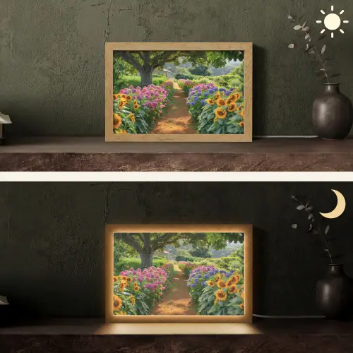 Bloemen - Pad - Zonnebloemen - Tuin - Hortensia Light Box met kabel (Tafellamp) klein -sfeer3