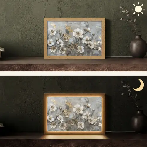 Bloemen - Wit - Grijs - Goud - Luxe Light Box met kabel (Tafellamp) klein -sfeer3