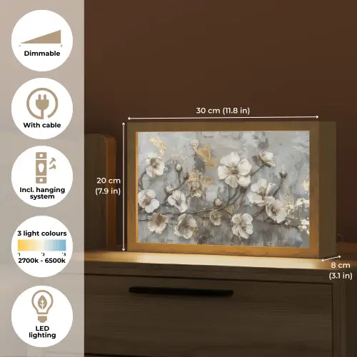 Bloemen - Wit - Grijs - Goud - Luxe Light Box met kabel (Tafellamp) klein -USP_EN