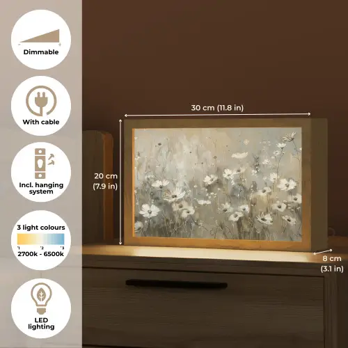 Bloemen - Wit - Natuur - Grijs - Modern Light Box met kabel (Tafellamp) klein -USP_EN