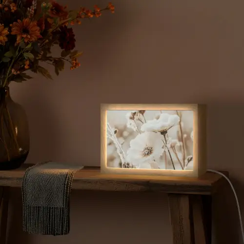 Bloemen - Winter - Wit - Sneeuw - Beige Light Box met kabel (Tafellamp) klein -sfeer4