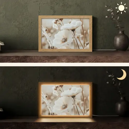 Bloemen - Winter - Wit - Sneeuw - Beige Light Box met kabel (Tafellamp) klein -sfeer3