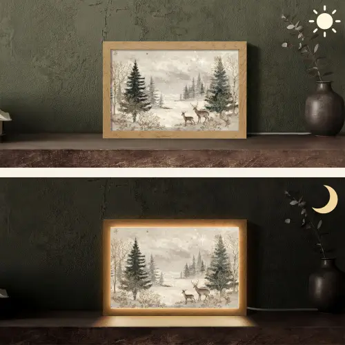 Bos - Herten - Winter - Sneeuw Light Box met kabel (Tafellamp) klein -sfeer3