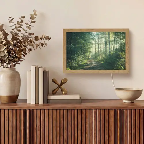 Bos - Pad - Zon - Bomen - Groen - Natuur Light Box met kabel (Tafellamp) klein -sfeer2