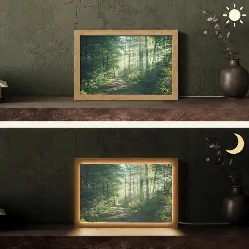 Bos - Pad - Zon - Bomen - Groen - Natuur Light Box met kabel (Tafellamp) klein -sfeer3
