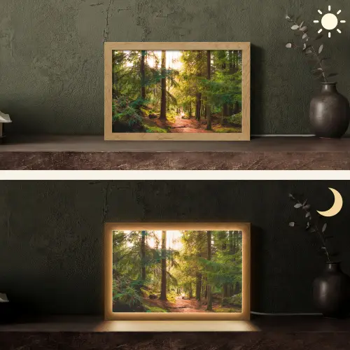 Bos - Pad - Bomen - Groen - Zon - Natuur Light Box met kabel (Tafellamp) klein -sfeer3