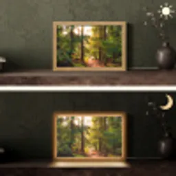 Bos - Pad - Bomen - Groen - Zon - Natuur Light Box met kabel (Tafellamp) klein -sfeer3