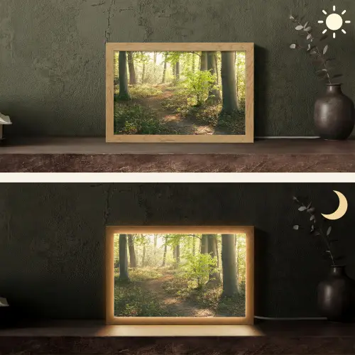 Bos - Bomen - Pad - Zon - Planten - Bladeren - Natuur Light Box met kabel (Tafellamp) klein -sfeer3