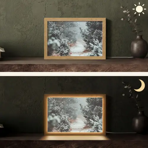 Bos - Winter - Bomen - Natuur - Pad - Sneeuw Light Box met kabel (Tafellamp) klein -sfeer3