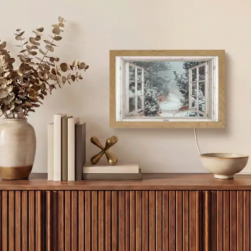 Bos - Winter - Bomen - Natuur - Pad - Doorkijk - Wit Light Box met kabel (Tafellamp) klein -sfeer2