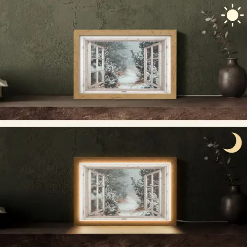 Bos - Winter - Bomen - Natuur - Pad - Doorkijk - Wit Light Box met kabel (Tafellamp) klein -sfeer3