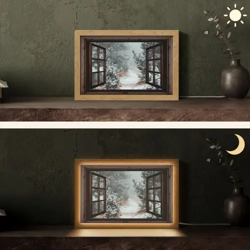 Bos - Winter - Bomen - Natuur - Pad - Doorkijk Light Box met kabel (Tafellamp) klein -sfeer3