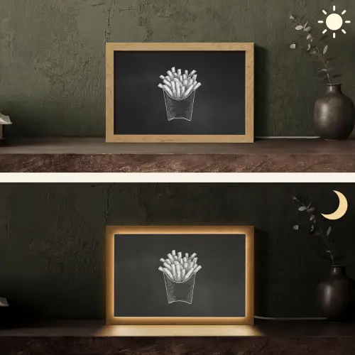 Friet - Witte krijttekening - Zwart Light Box met kabel (Tafellamp) klein -sfeer3
