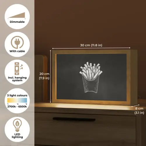 Friet - Witte krijttekening - Zwart Light Box met kabel (Tafellamp) klein -USP_EN