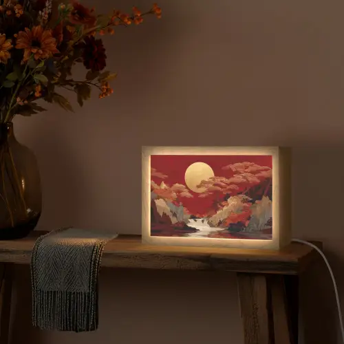 Volle maan - Landschap - Waterval Light Box met kabel (Tafellamp) klein -sfeer4