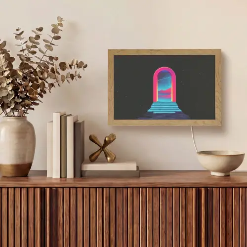 Poortje - Landschap - Sterrenhemel - Roze Light Box met kabel (Tafellamp) klein -sfeer2