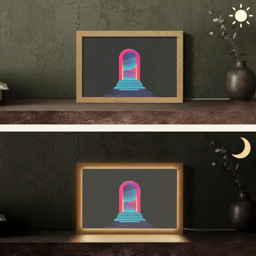 Poortje - Landschap - Sterrenhemel - Roze Light Box met kabel (Tafellamp) klein -sfeer3