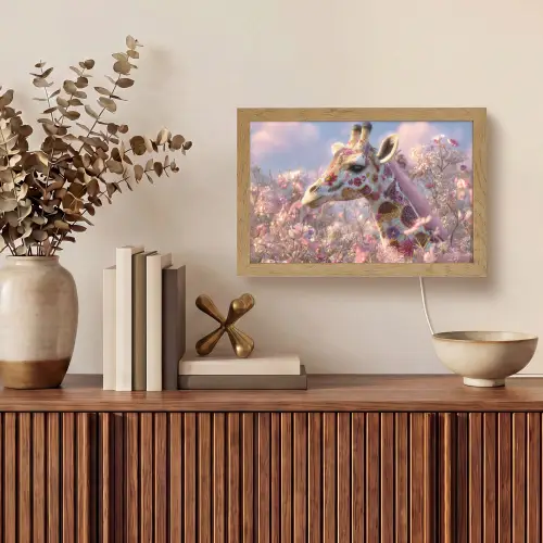 Giraffe - Bloemen - Roze Light Box met kabel (Tafellamp) klein -sfeer2