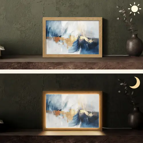 Goud - Blauw - Verf - Kunst - Modern Light Box met kabel (Tafellamp) klein -sfeer3