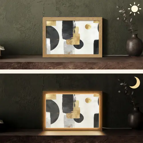 Goud - Rechthoeken - Cirkels - Abstract Light Box met kabel (Tafellamp) klein -sfeer3