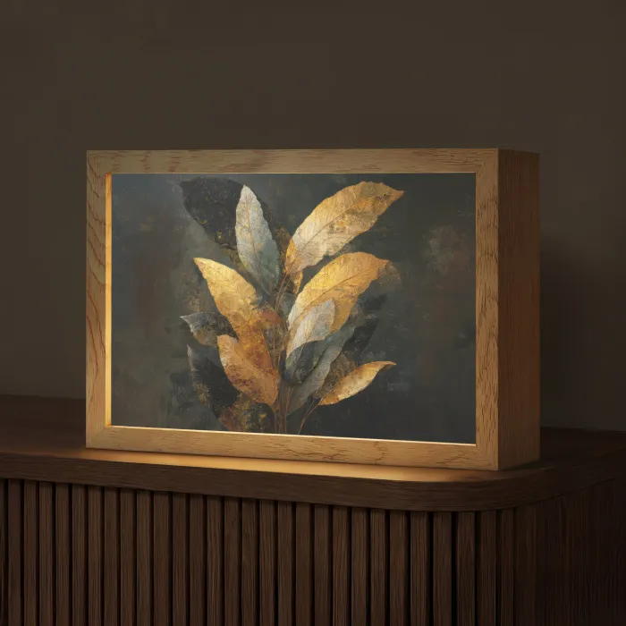 Gouden Bladcompositie – Botanische Luxe Light Box met kabel (Tafellamp) klein -z3d_website