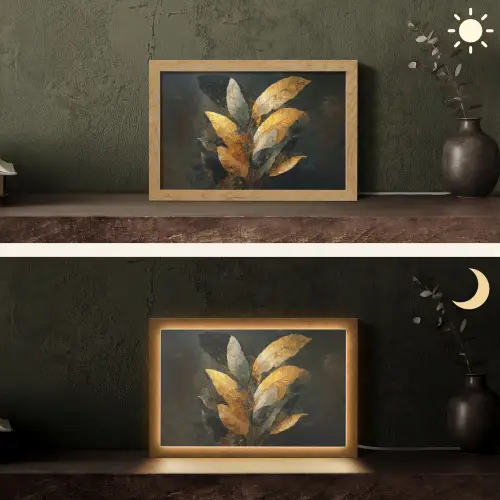 Gouden Bladcompositie – Botanische Luxe Light Box met kabel (Tafellamp) klein -sfeer3