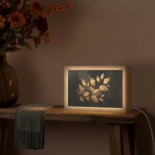 Gouden Bladeren op Donkere Achtergrond Light Box met kabel (Tafellamp) klein -sfeer4