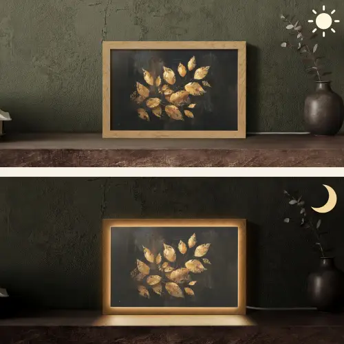 Gouden Bladeren op Donkere Achtergrond Light Box met kabel (Tafellamp) klein -sfeer3