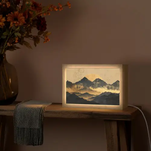 Gouden Bergen bij Maanlicht Light Box met kabel (Tafellamp) klein -sfeer4
