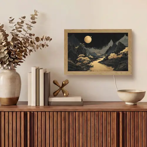 Gouden rivier - Bergen - Maan - Sterrenhemel Light Box met kabel (Tafellamp) klein -sfeer2
