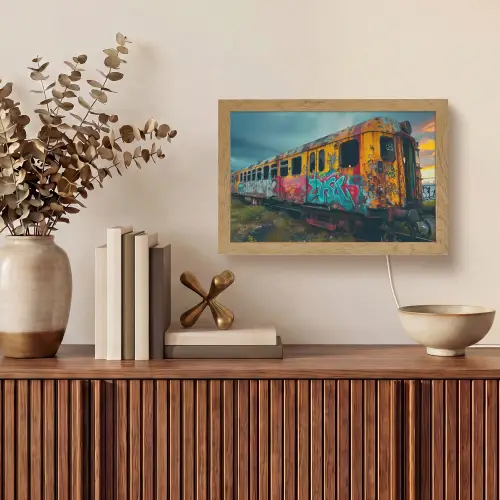 Graffiti - Verlaten trein - Street art Light Box met kabel (Tafellamp) klein -sfeer2