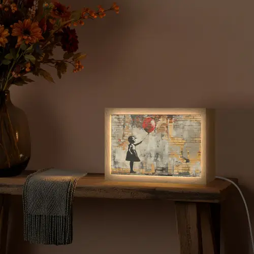 Graffiti - Banksy Style - Meisje met ballon Light Box met kabel (Tafellamp) klein -sfeer4