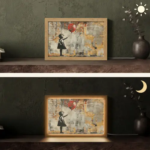 Graffiti - Banksy Style - Meisje met ballon Light Box met kabel (Tafellamp) klein -sfeer3