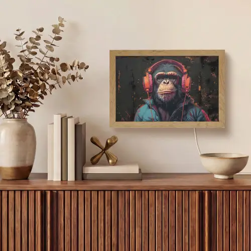 Graffiti - Chimpansee - Koptelefoon - Aap Light Box met kabel (Tafellamp) klein -sfeer2