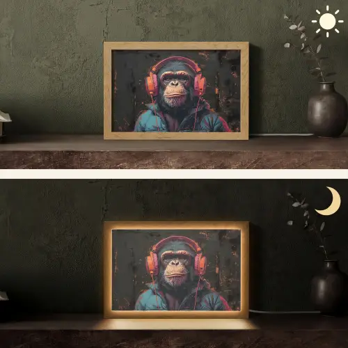 Graffiti - Chimpansee - Koptelefoon - Aap Light Box met kabel (Tafellamp) klein -sfeer3