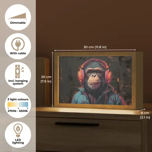 Graffiti - Chimpansee - Koptelefoon - Aap Light Box met kabel (Tafellamp) klein -USP_EN