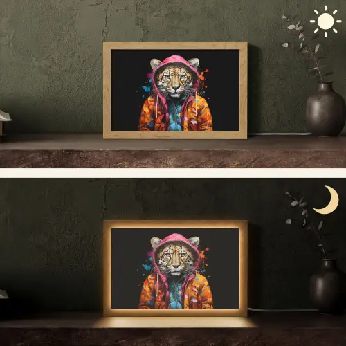 Graffiti - Luipaard - Zwart - Jas Light Box met kabel (Tafellamp) klein -sfeer3