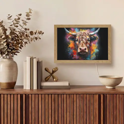Graffiti - Schotse hooglander - Zwart - Koe Light Box met kabel (Tafellamp) klein -sfeer2