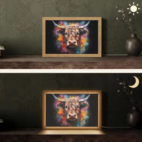 Graffiti - Schotse hooglander - Zwart - Koe Light Box met kabel (Tafellamp) klein -sfeer3