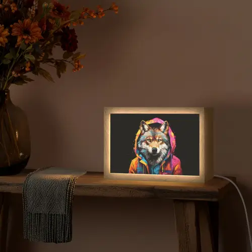 Graffiti - Wolf - Jas - Zwart Light Box met kabel (Tafellamp) klein -sfeer4