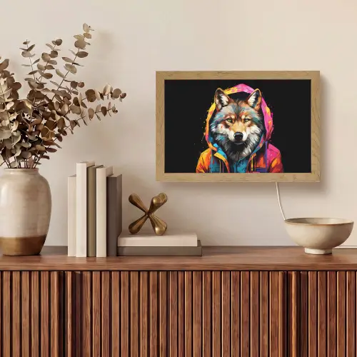 Graffiti - Wolf - Jas - Zwart Light Box met kabel (Tafellamp) klein -sfeer2
