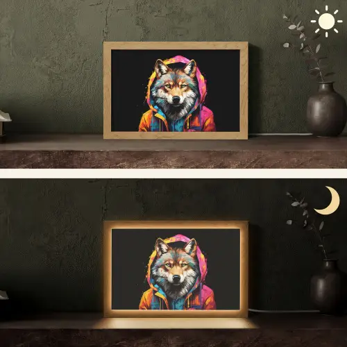 Graffiti - Wolf - Jas - Zwart Light Box met kabel (Tafellamp) klein -sfeer3