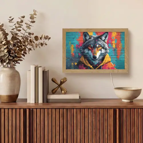 Graffiti - Wolf - Street art - Blauw Light Box met kabel (Tafellamp) klein -sfeer2